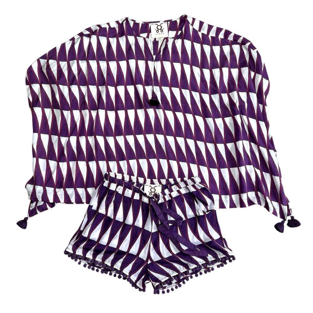Figue 100% Silk Purple Kimono Kaftan Pom Lounge Set XS/Small - Picture 3 of 9